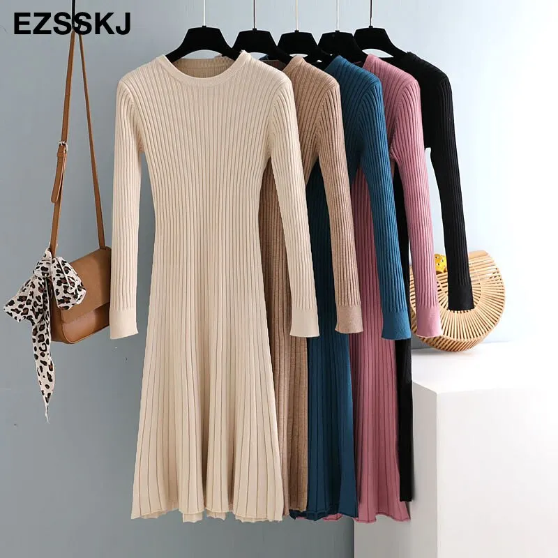 elegant Long sleeve OL O-neck long Sweater dress women Thick knit Autumn Winter dress female Slim A-line basic dress casual