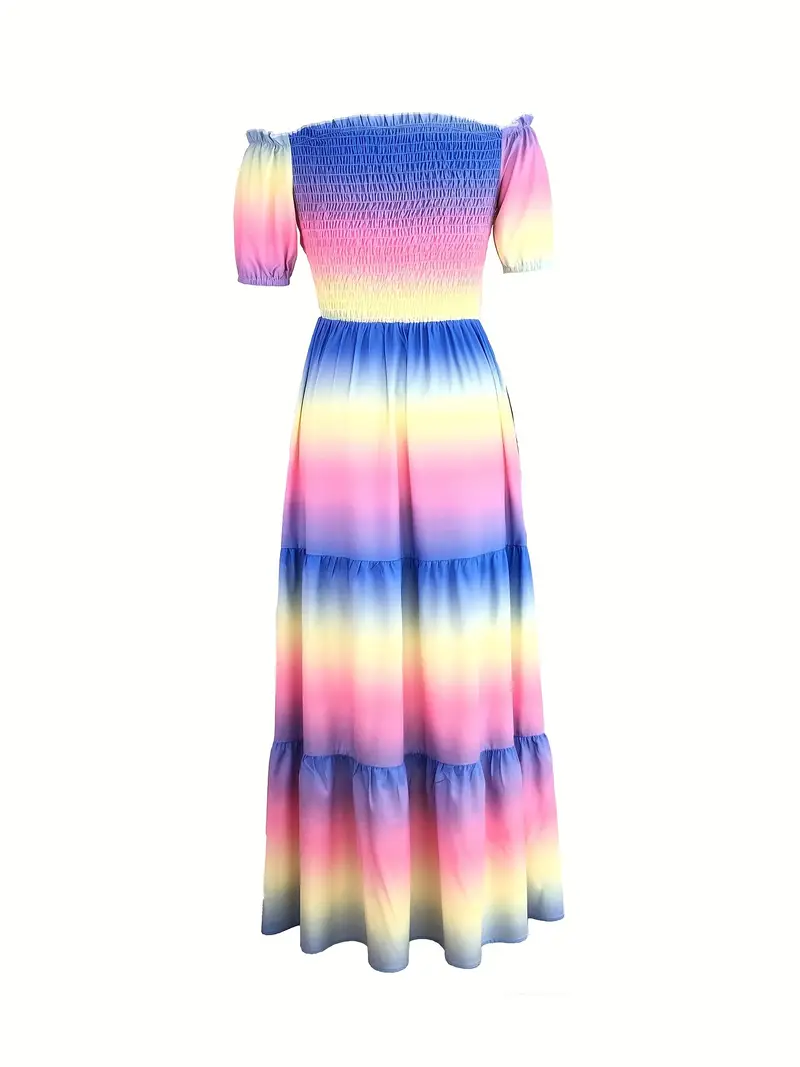 gradient print tiered dress casual off shoulder shirred party dress womens clothing details 2