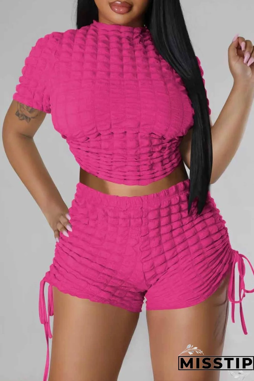 Rose Red Casual Solid Bandage Backless O Neck Short Sleeve Two Pieces