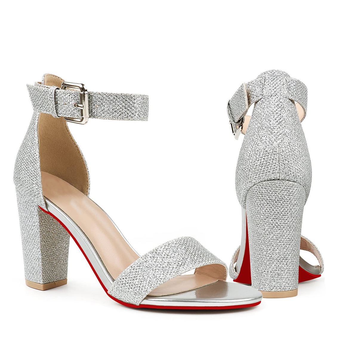 90mm Women's Chunky Heel Sandals Red Bottom High Heels Open Toe Ankle Strap Shoes-MERUMOTE