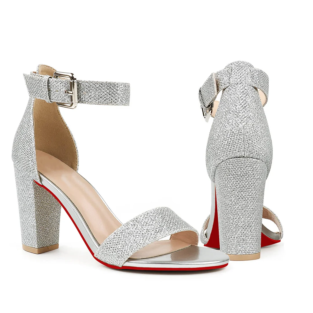 90mm Women's Chunky Heel Sandals Red Bottom High Heels Open Toe Ankle Strap Shoes-MERUMOTE