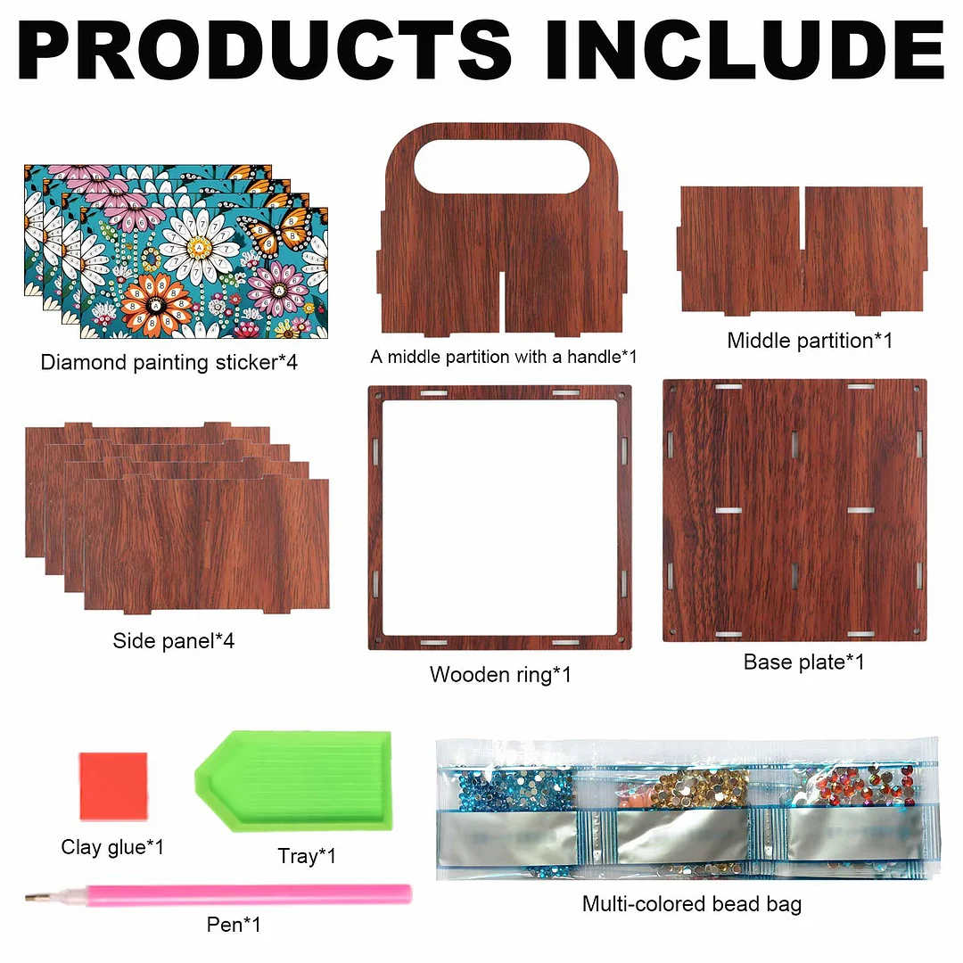 DIY Flower Butterfly Wooden Diamond Painting Handheld Storage Box Kit Home Decor