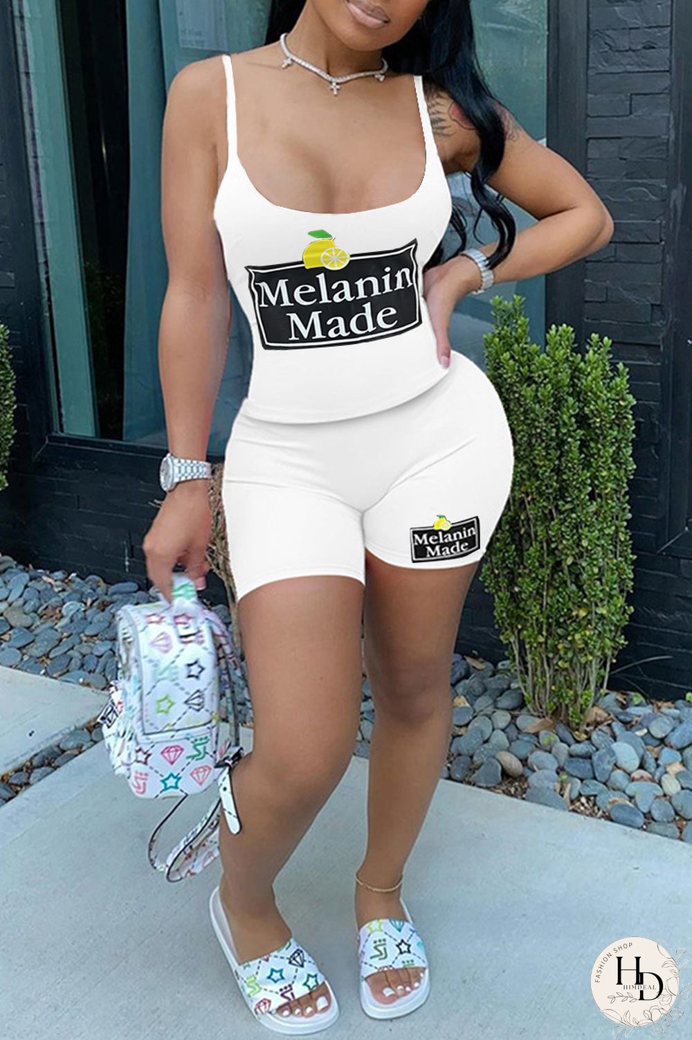 White Casual Living Print Vests Spaghetti Strap Sleeveless Two Pieces