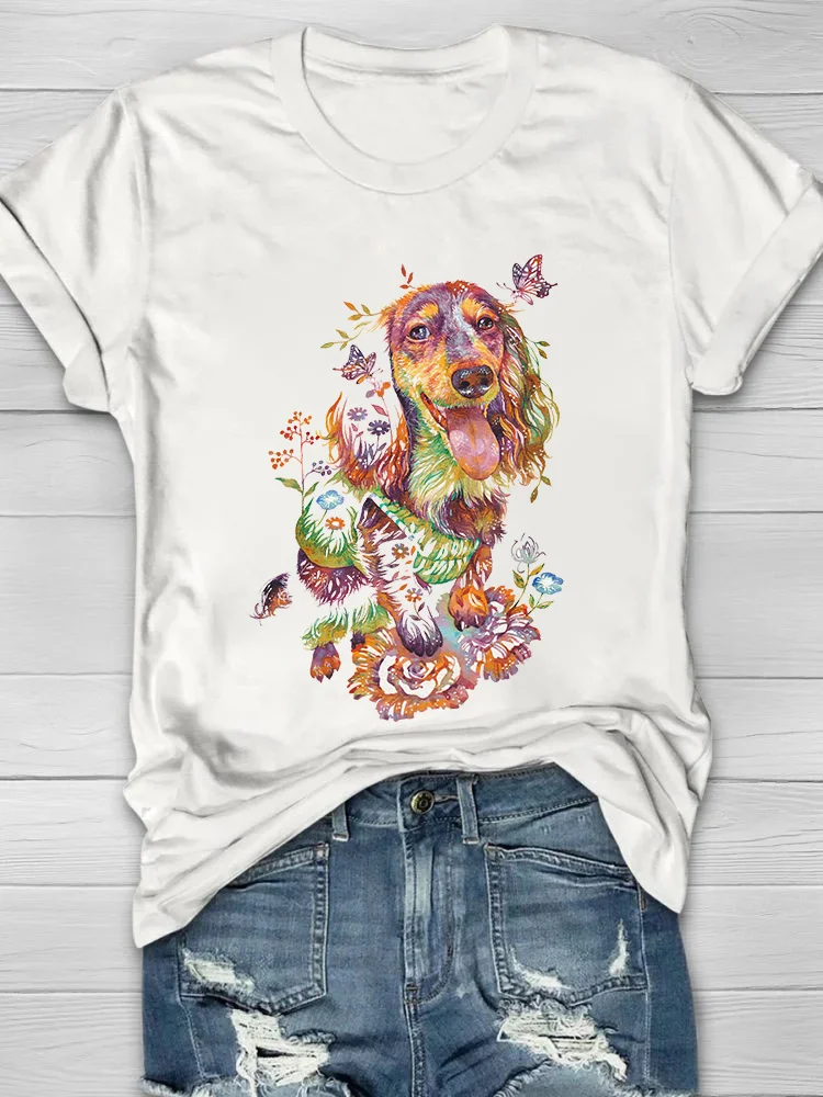 Butterfly Floral Dog Printed Crew Neck Women's T-shirt