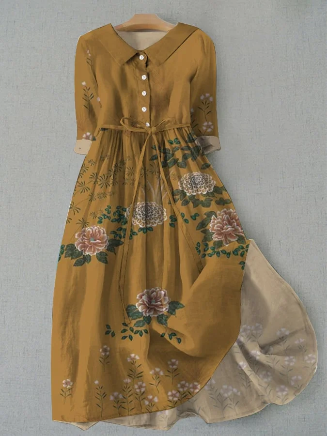 Women's Vintage Botanical Floral Design Lace Up Pocket Dress