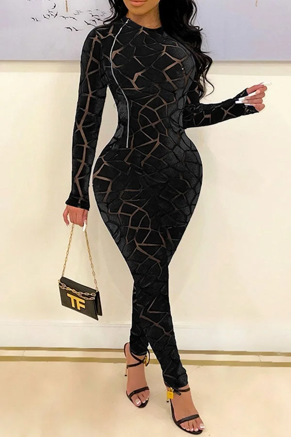 Abstract Print On-trend Zipper Bodycon Jumpsuit