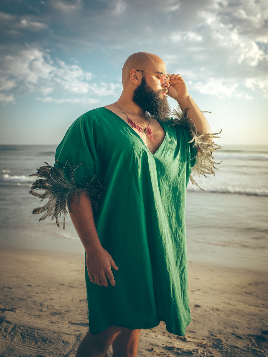 Olive Mist Green Feather-Sleeve Kaftan