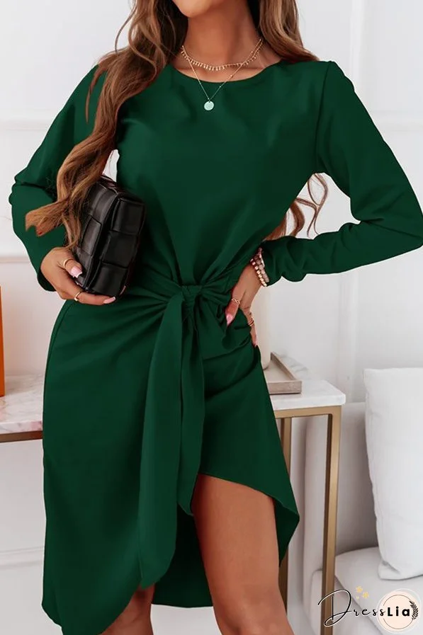 Fashion Elegant Solid With Belt O Neck Long Sleeve Dresses（3 colors）