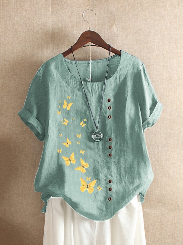 Button Butterflies Print Short Sleeve T shirt For Women P1661820