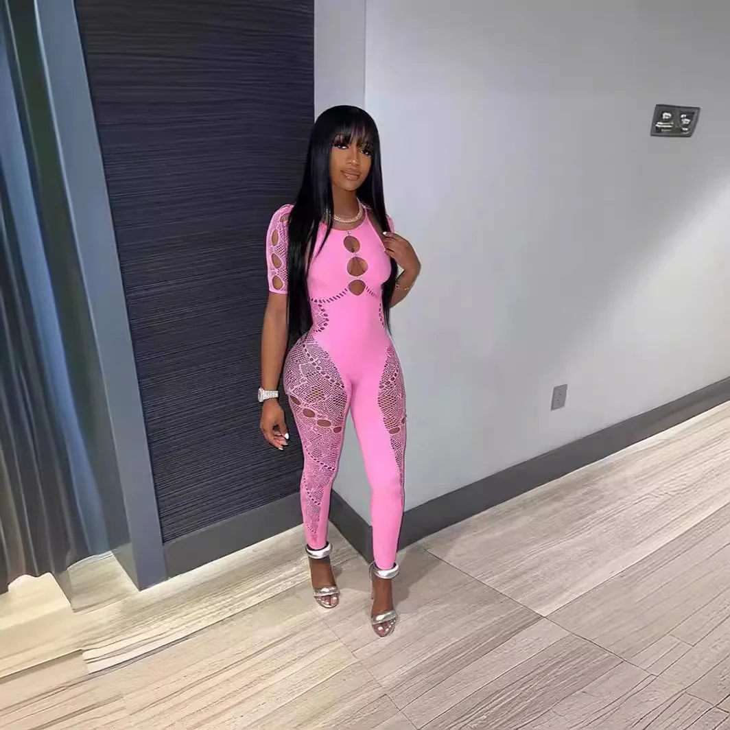 Uveng Uveng Female Solid Color Round Collar Hollow Short Sleeve Lace Sexy Body Knit Short Sleeve Jumpsuit