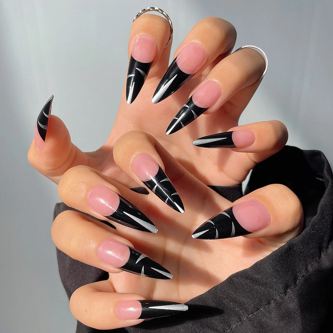 French Black Long-length Press On Nails With Nail Adhesives 24 pcs