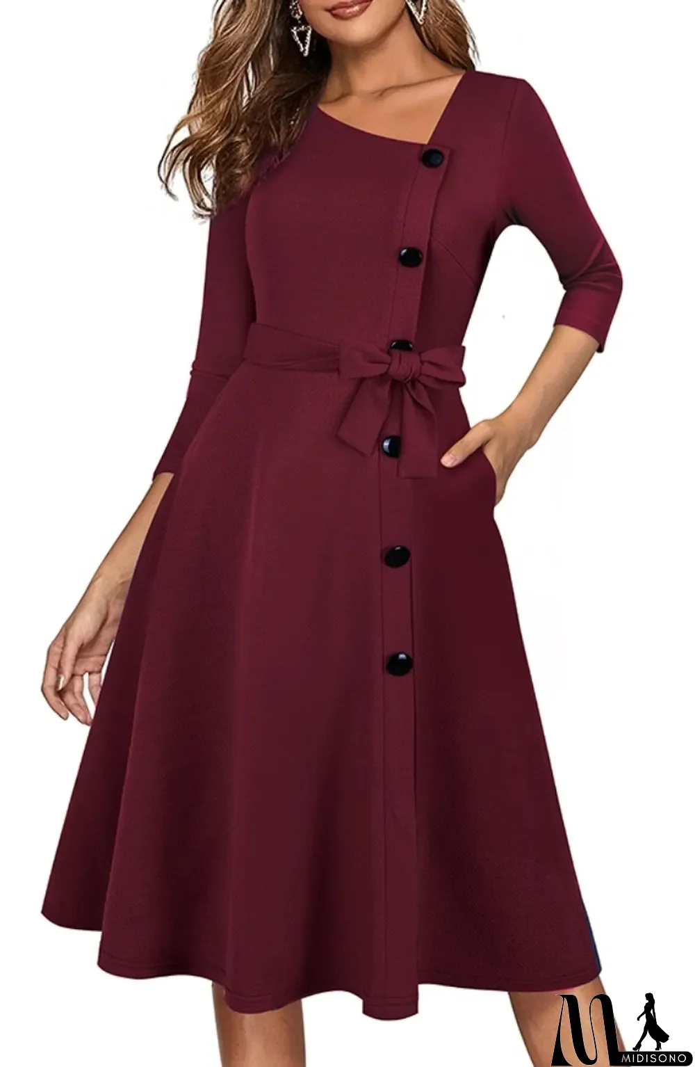MidiSono - Spring Vintage Red Decent Skater Dress with 3/4 Sleeves
