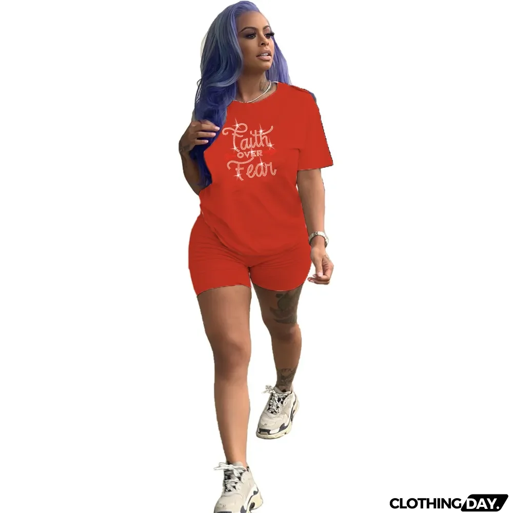 Summer Women Casual Hot Diamond Print Top And Shorts Two Piece Set