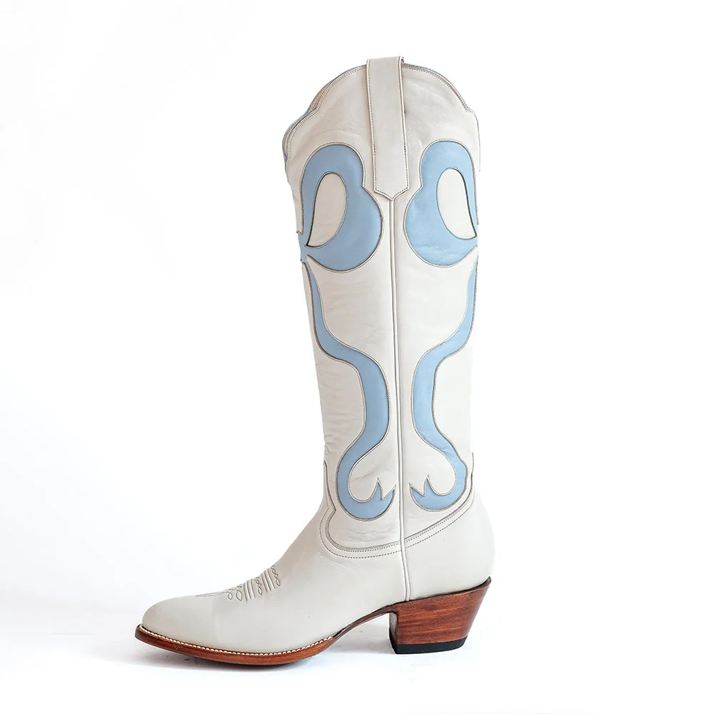 Closed Toe Chunky Heel Bow Inlay Wide Calf Cowgirl Boots in White