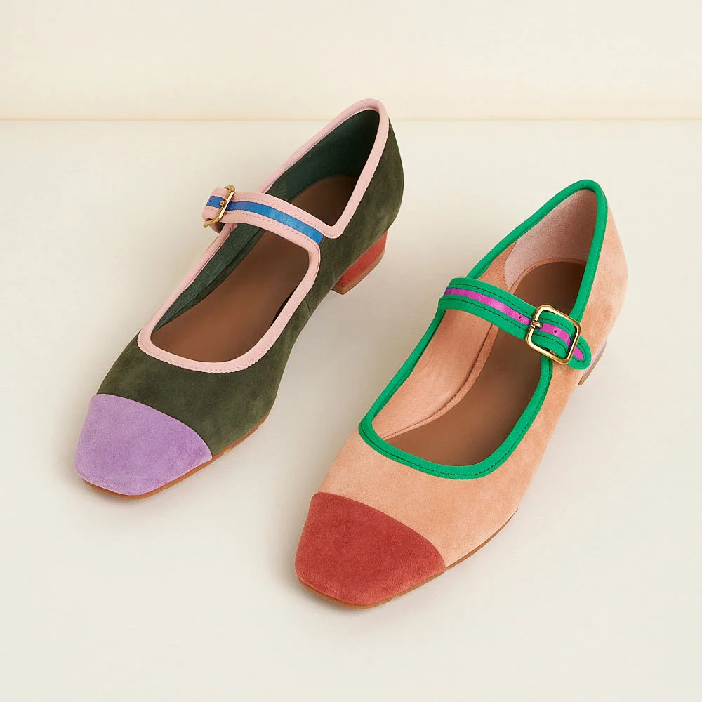 YDN Multicolor Vegan Suede Square Toe Buckle Strap Mary Jane Flats