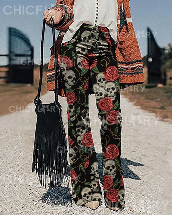 Women's Skull Floral Print Pants