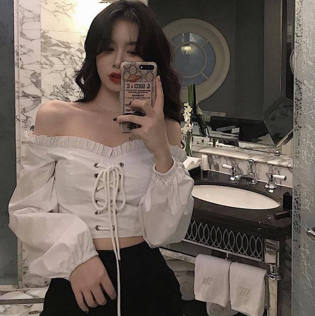 Womens Off Shoulder Top Long Sleeve Ruffle Vintage Blouse With Puff Sleeves Lace Up Ladies Tops Bandage Crop Tops Black White