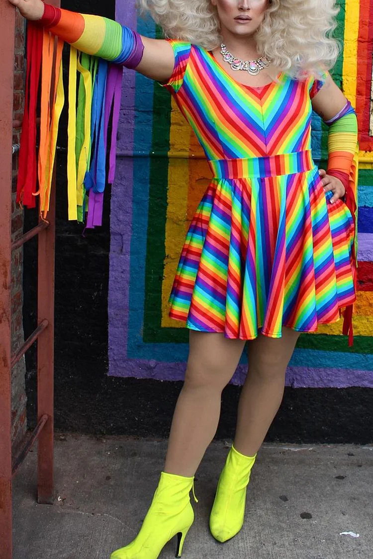 Rainbow Striped Short Sleeve Mini Dress With Gloves [Pre-Order]