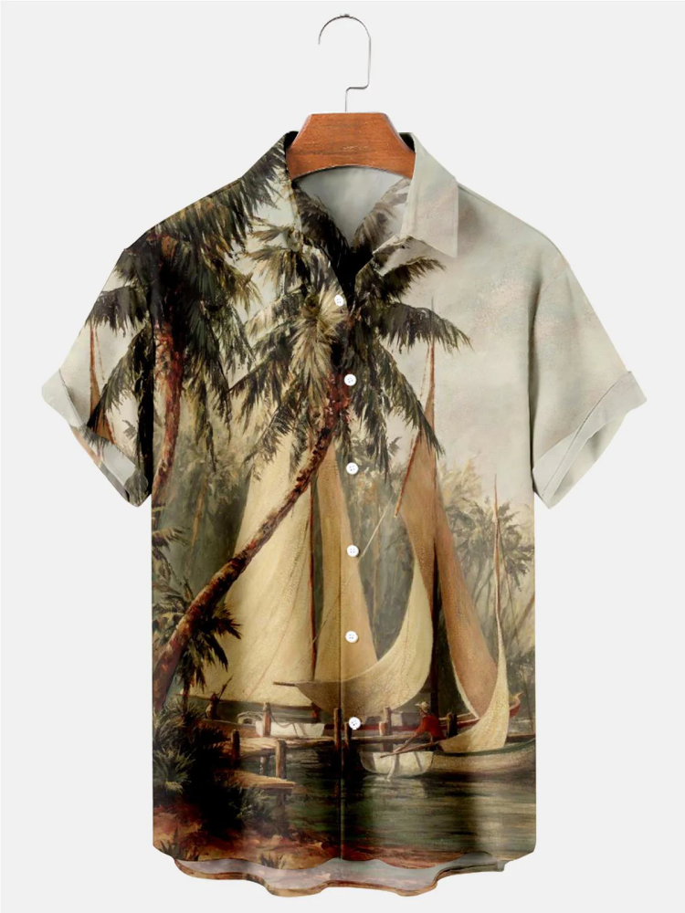 BrosWear Hawaiian Vintage Oil Painting Sailboat Coconut Tree Print Men's Shirts
