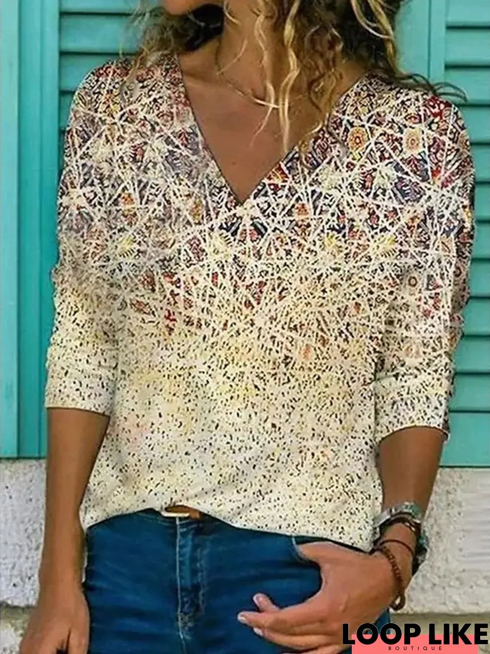 Printed Long Sleeve Casual V Neck Tunic T-Shirt