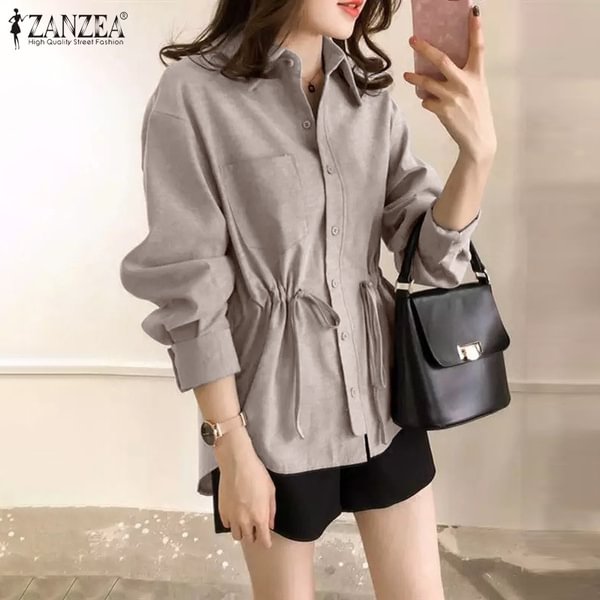 ZANZEA Women Full Sleeved Evening Office Blouse Baggy Slim Waist Shirts Tops - Shop Trendy Women's Fashion | TeeYours