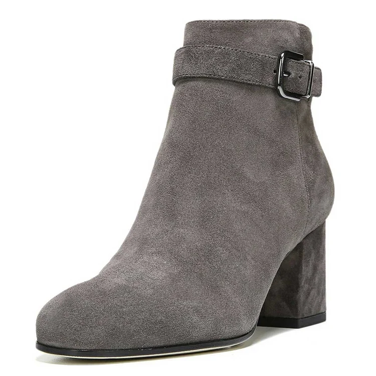 Grey Chunky Heel Boots Round Toe Vegan Suede Short Ankle Boots |FSJ Shoes