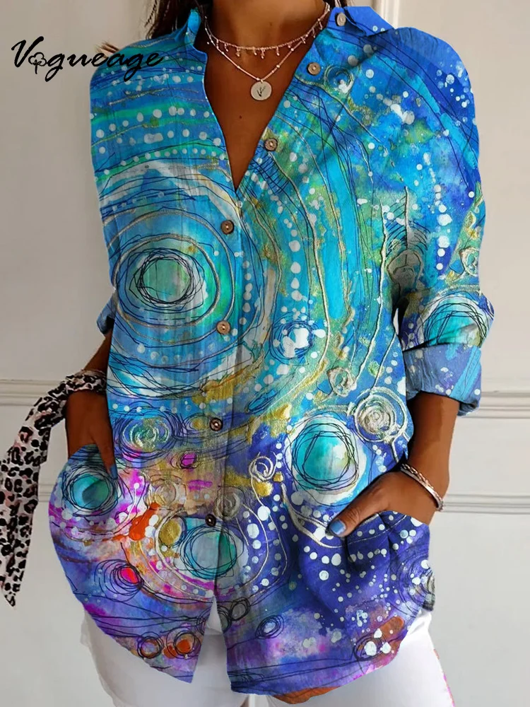 Novel Hand-Painted Lines Blue Water Bubble Long Sleeves Printed Cotton And Linen Shirt