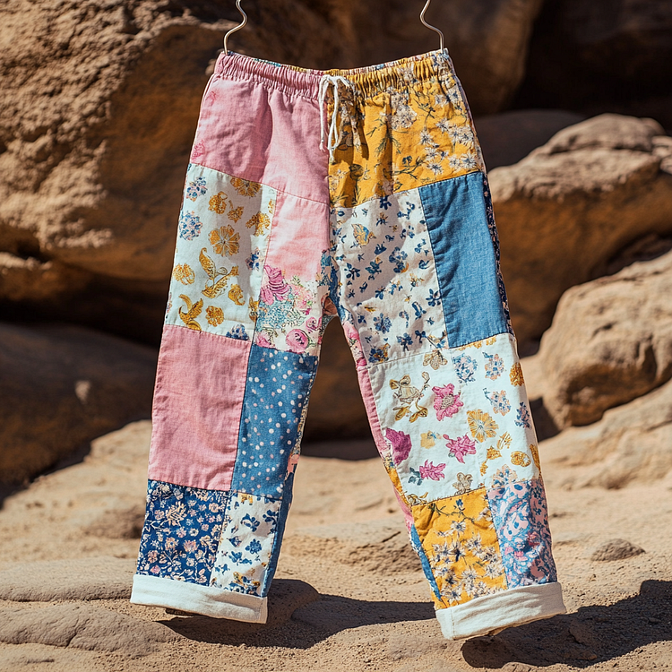 Women's Retro Geometric Floral Art Cotton And Linen Casual Pants