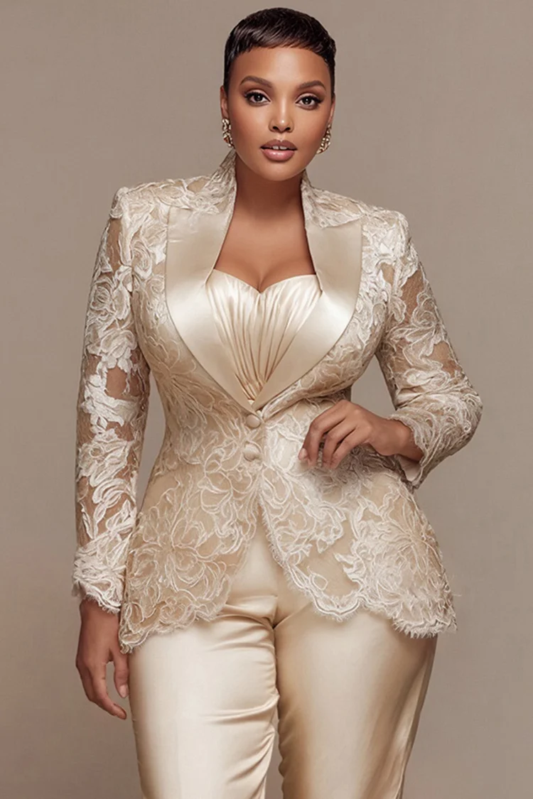 Xpluswear Design Plus Size Formal Champagne Lapel Collar Long Sleeve Contrast Elegant See Through Lace Satin Two Piece Pant Suits [Pre-Order]