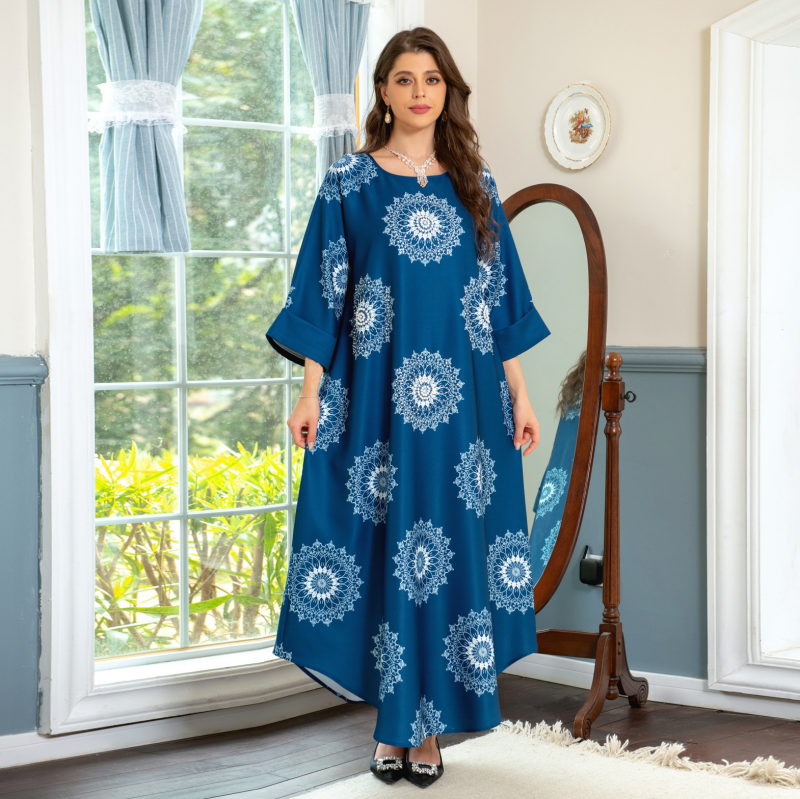 Rhinestone Long Sleeve Floral Print Maxi Gown