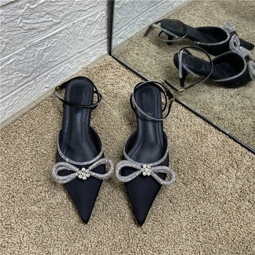 2021 New Buckle Stiletto Heel High Heels Pointed Toe Rhinestone Bow Bandage Sandals