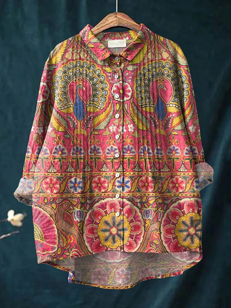 Women's Vintage Floral Art Print Casual Cotton And Linen Ruffle Shirt