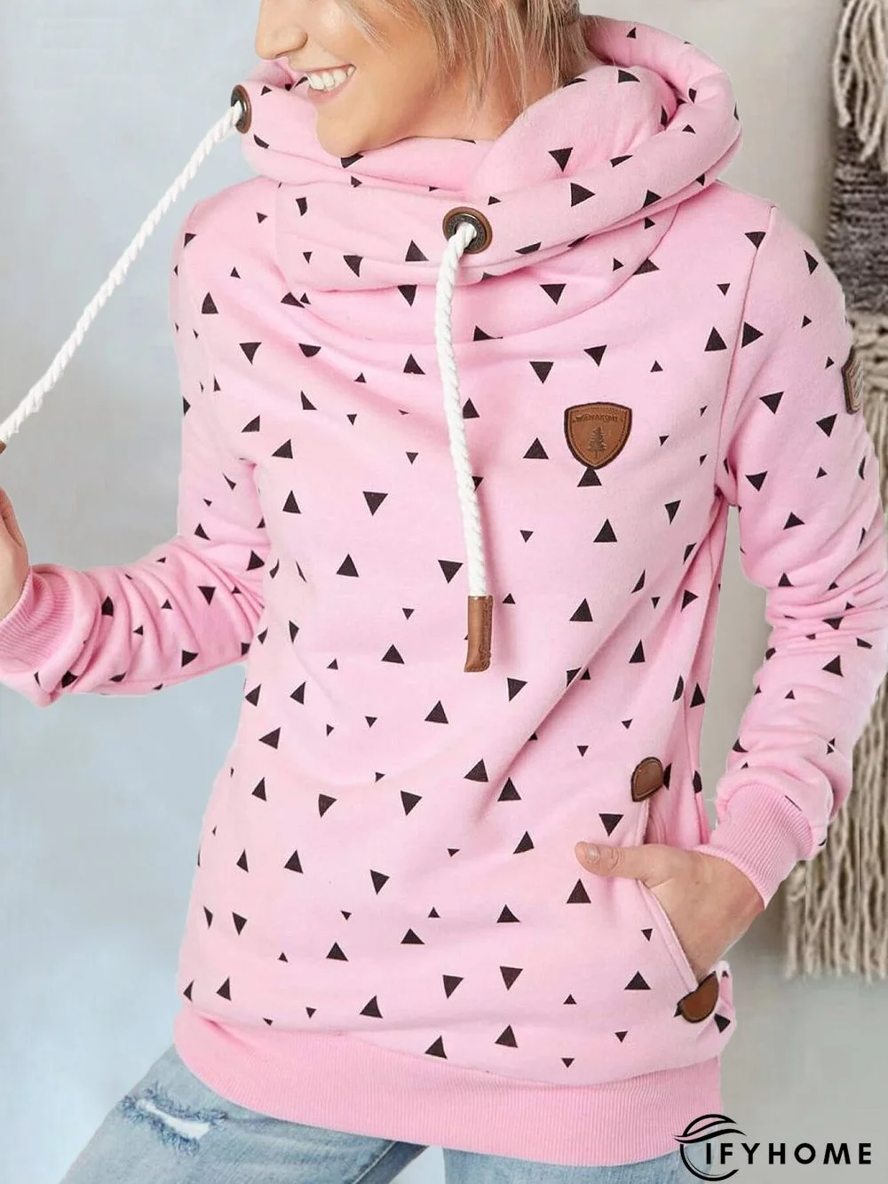 Pink Long Sleeve Hoodie Geometric Sweatshirt | IFYHOME