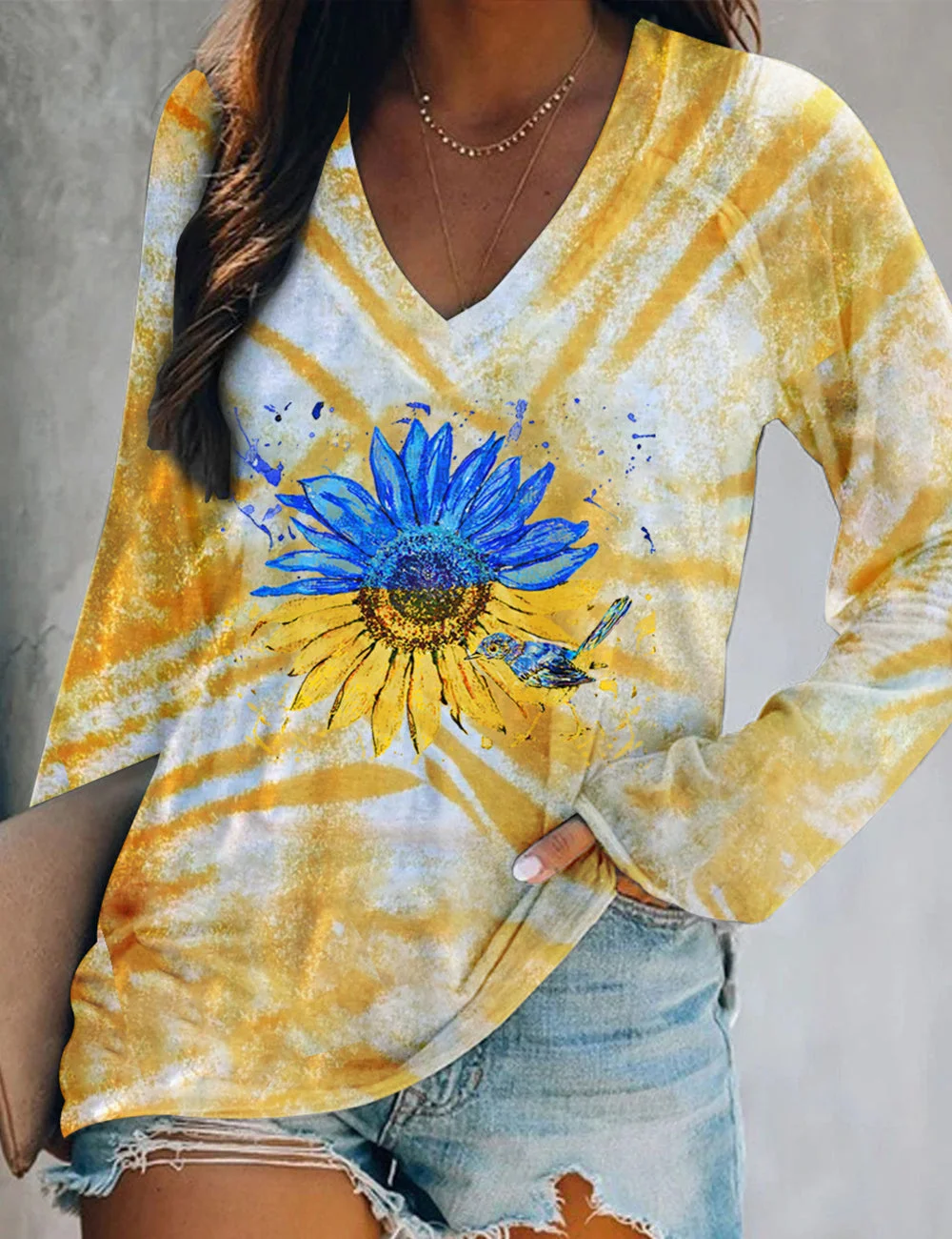 Lizzic Support Ukraine Charity Sunflower Nightingale V Neck Shirt