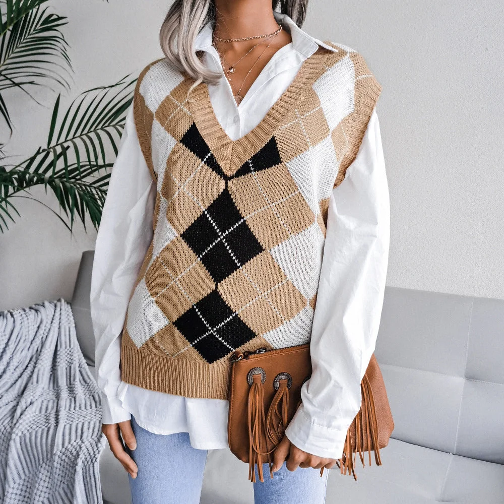 Zingj Pullover Rhombus V-neck Casual Loose Knitted Sweater Women's Vest