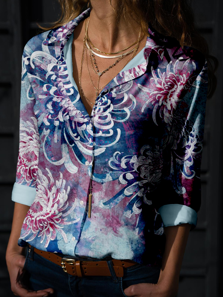 Comstylish Japanese Chrysanthemum Pattern Linen Blend Blouse
