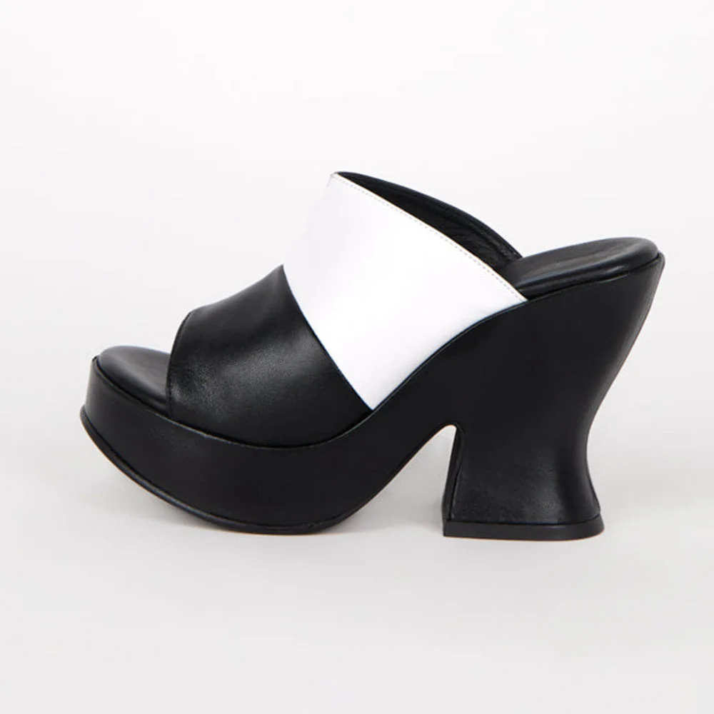 Black & White Round Toe Platform Wide Strap Mule Shoes for Women