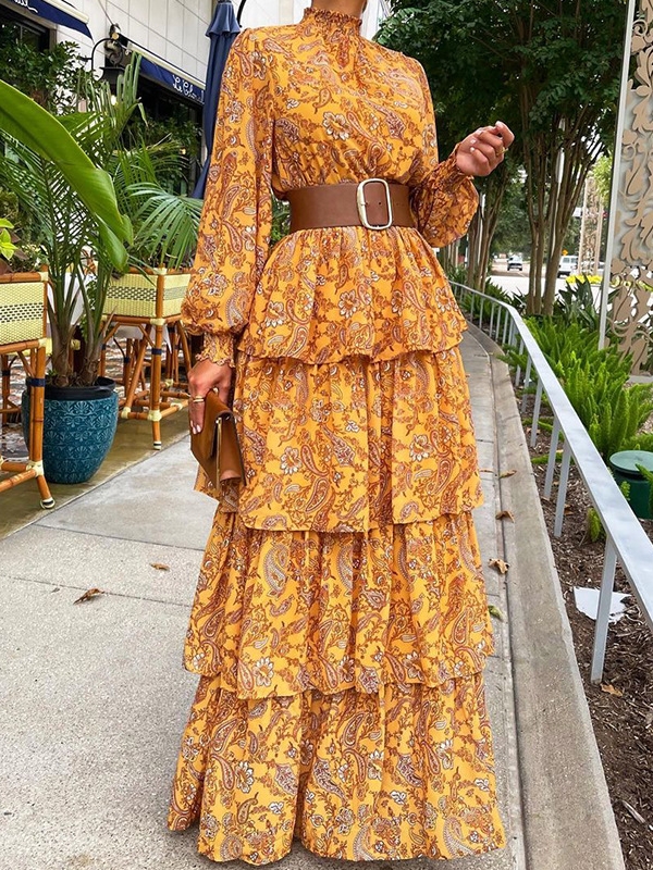 Fashionable Half Turtleneck Ruffled Floral Long Dress | Oxredo Shop Ramadan Sale
