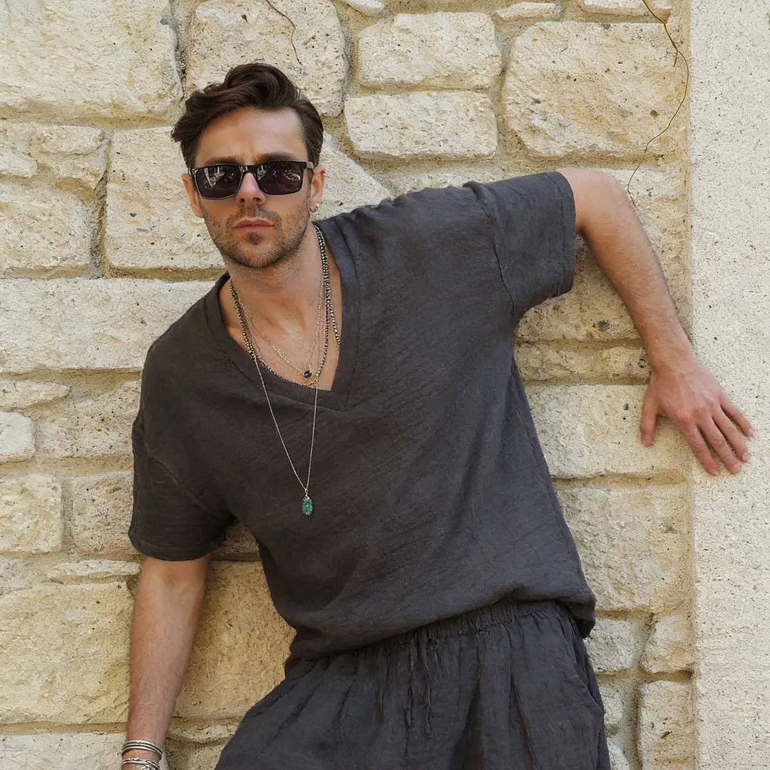 Men's V-Neck Linen T-Shirt-INSPIREUSE