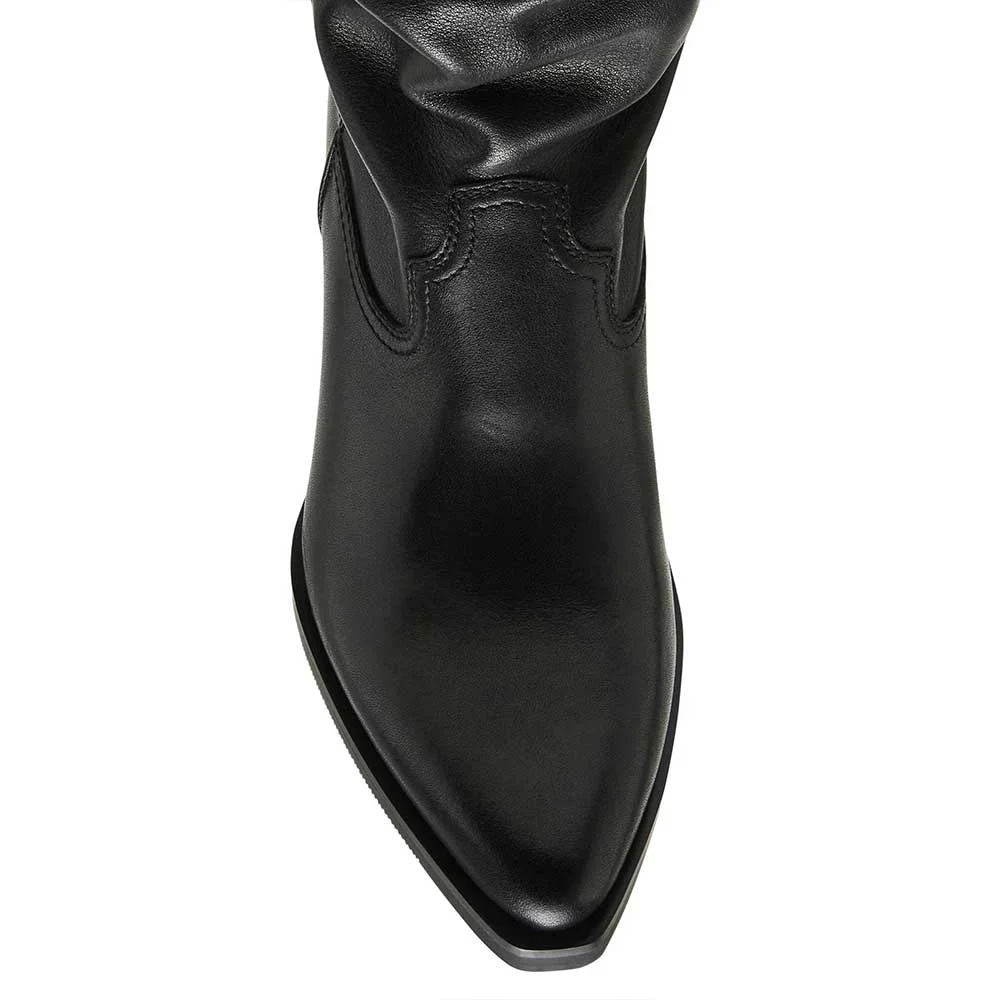 Black Almond Toe Vegan Leather Chunky Heel Western Slouch Ankle Boots