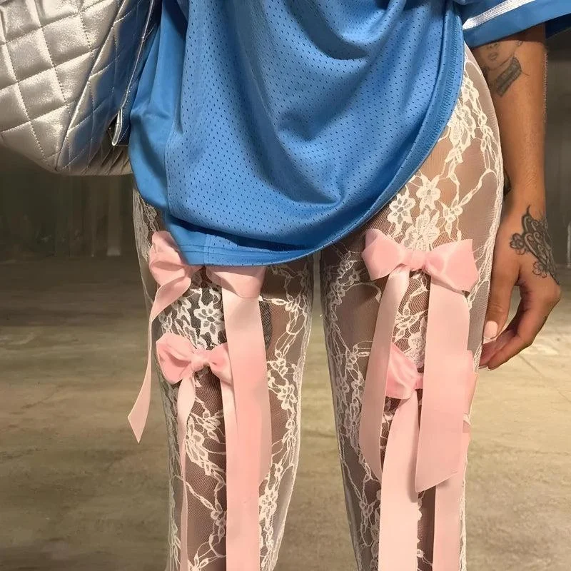Brownm Transparent Lace Flare Pants