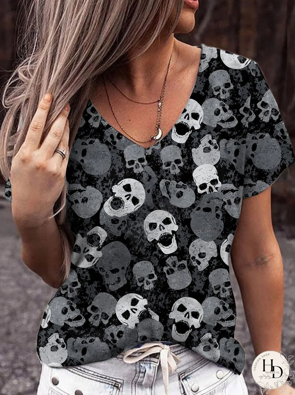 Halloween Skull Print V-neck T-shirt