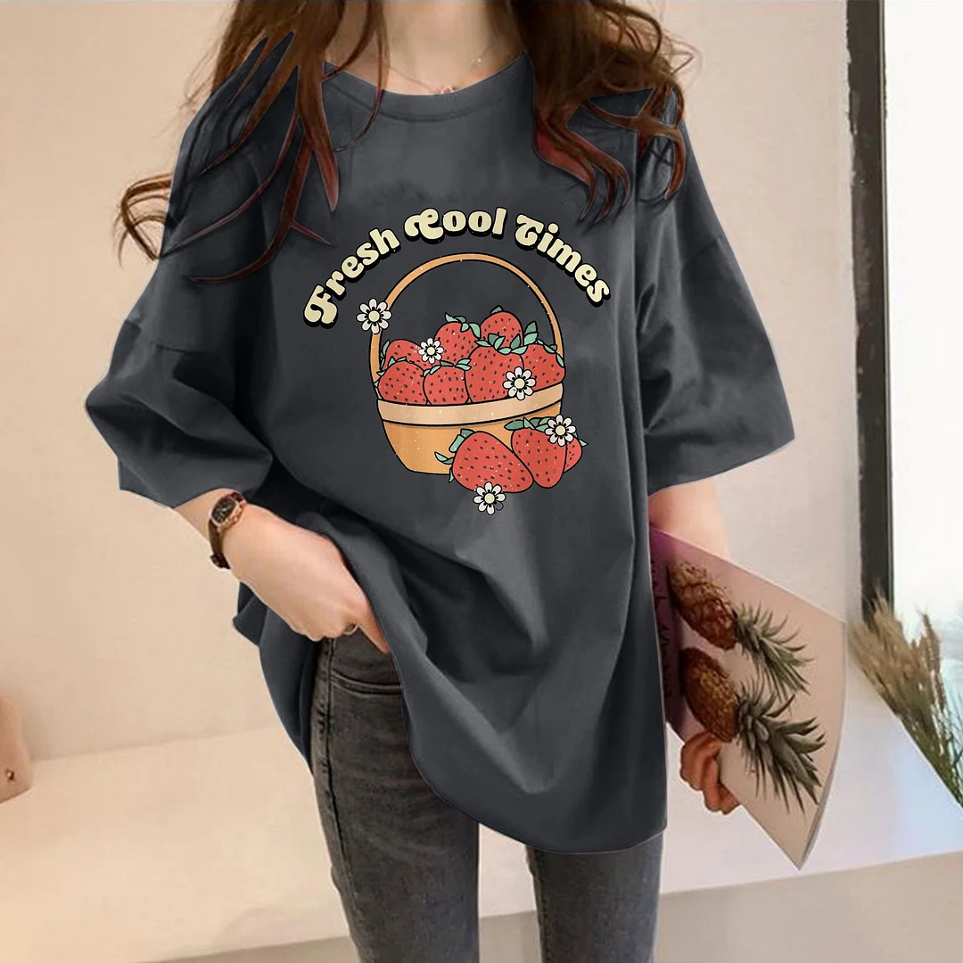 Girl Letter Strawberry Pattern Loose Short Sleeve T-shirt