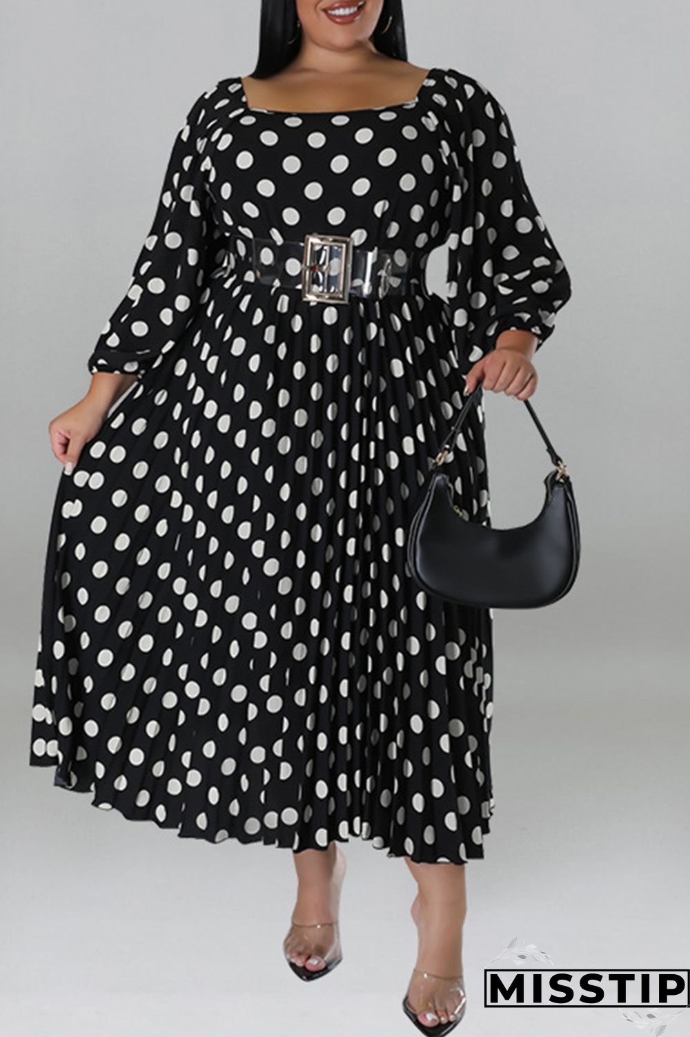 Black Casual Dot Print Patchwork Backless O Neck Long Sleeve Plus Size Dresses (Without Belt)