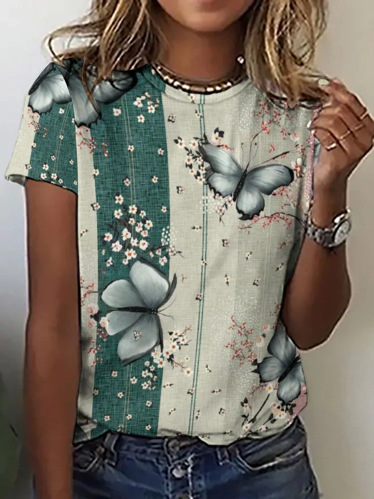 Printed Short Sleeve Casual T-shirt for  Women and Men Unisex Pattern Floral,Pink,Green,Stitch