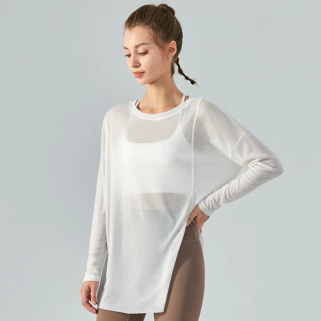 Shop White ladies see through long style tencel skin friendly sustainable loose cool smooth gym t shirt smock online on Hergymclothing