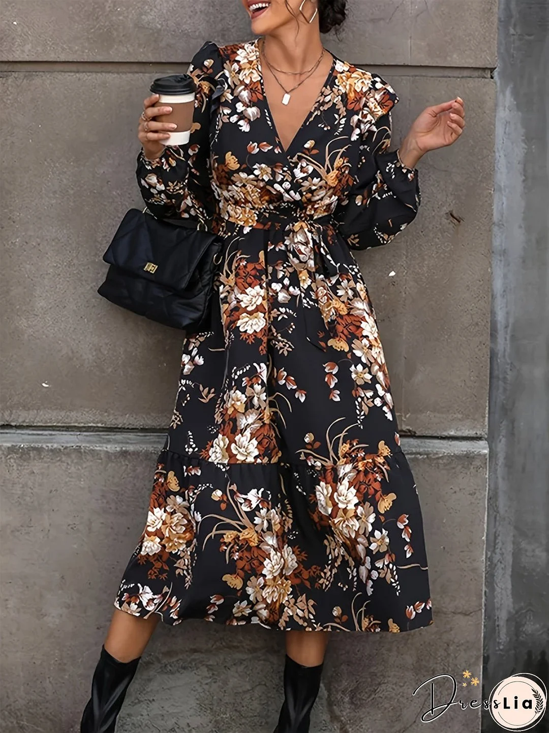 Ruffled Printed Surplice Long Sleeve Midi Dress