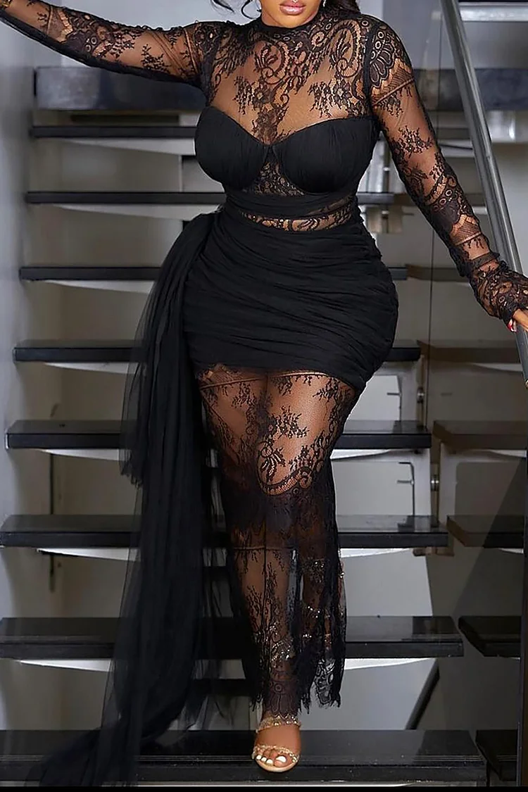 Plus Size Party Black Round Neck Long Sleeve See Through Contrast Lace Maxi Dresses [Pre-Order]