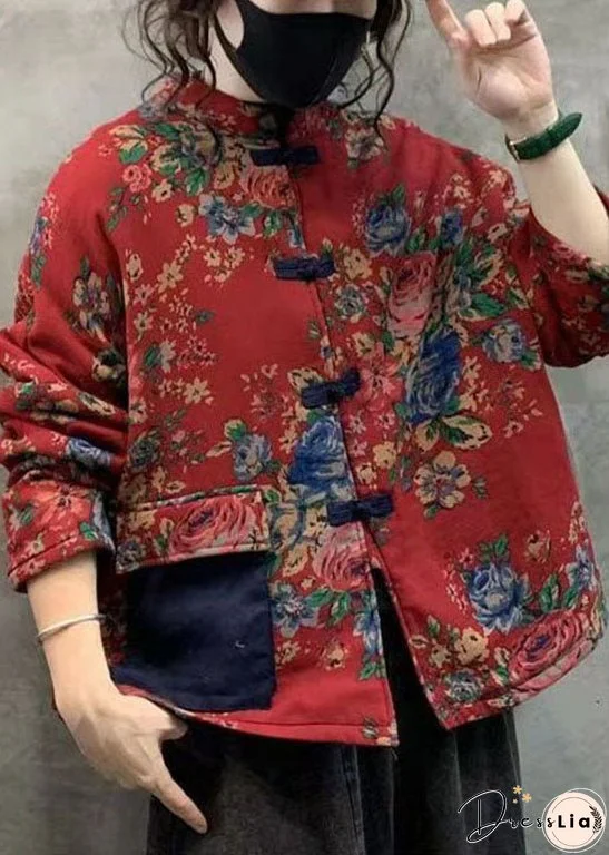 Red Print Thick Fine Cotton Filled Coats Stand Collar Oriental Button Winter