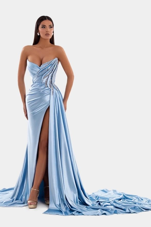 Strapless Sexy Blue Sleeveless Prom Dress With High Slit   | Ovlias